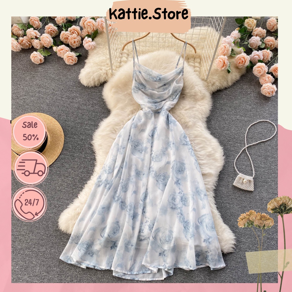 Đầm váy nữ hoa maxi hai dây đi biển siêu bồng bềnh