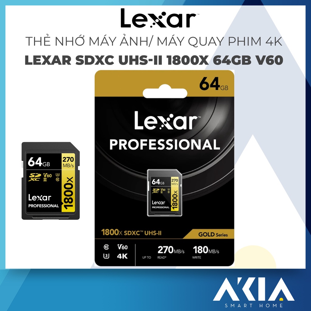 Thẻ nhớ máy ảnh / máy quay phim Lexar 64GB V60 SDXC Professional UHS-II 1800x Gold, chất lượng video HD 4K, 270mb/s