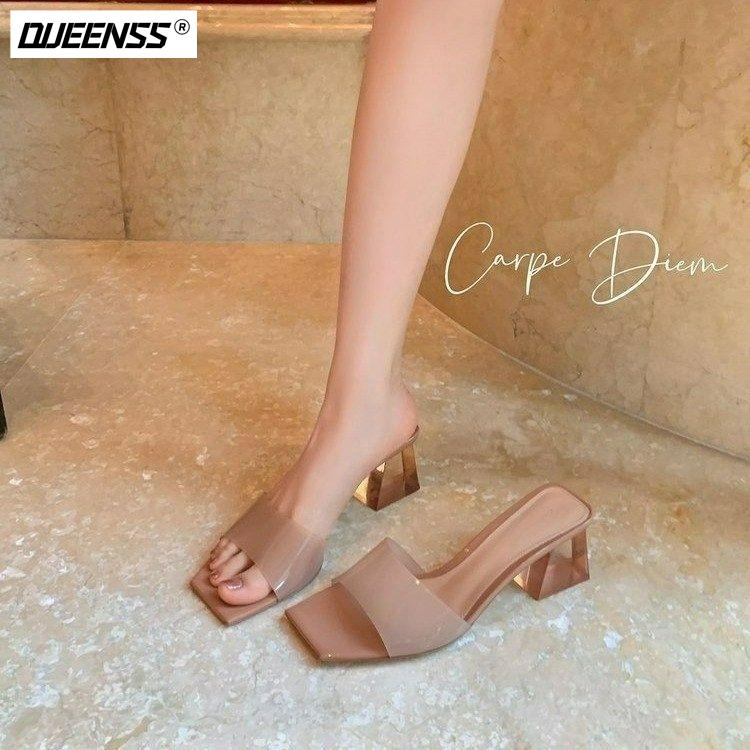 Dép Cao Gót Mũi Vuông Quai Ngang Trong Suốt Thời Trang Mùa Hè 2023 Cho Nữ