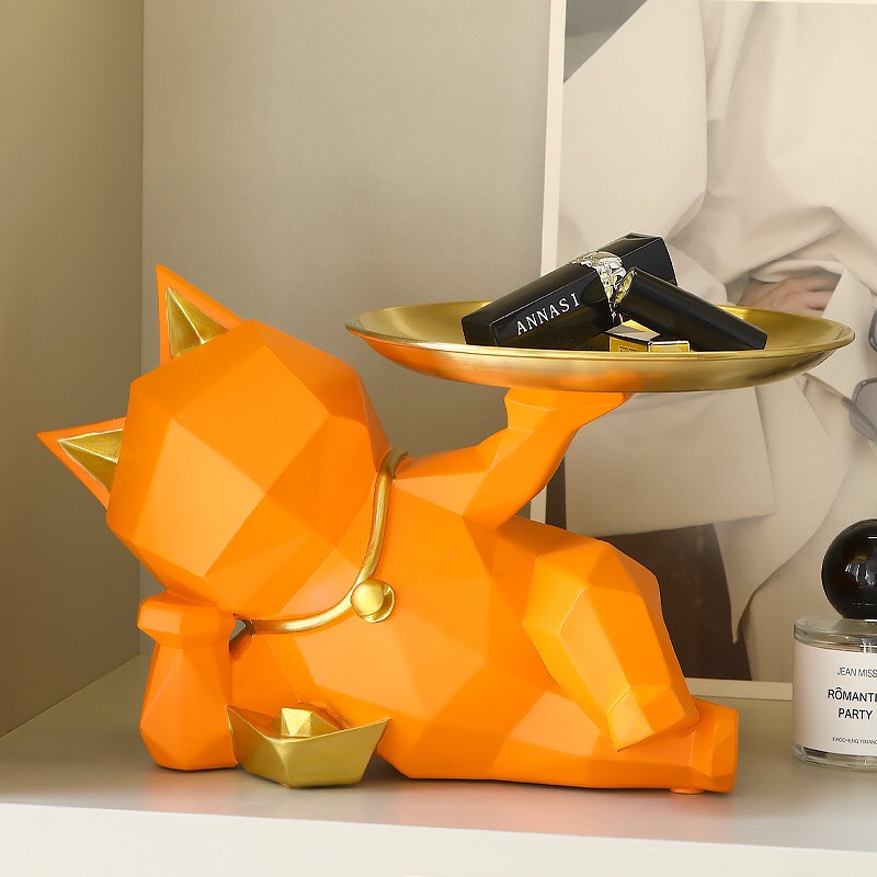 Tượng Mèo thần tài hình học bưng đĩa phong cách Bắc Âu sang trọng trang trí để bàn