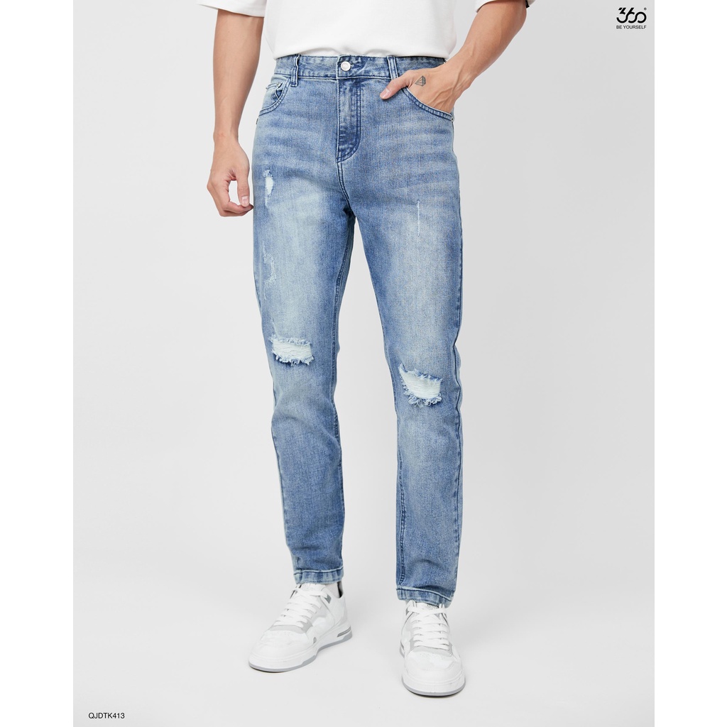 Quần jean nam rách màu xanh denim thương hiệu 360 Boutique form slimfit trẻ trung - QJDTK413