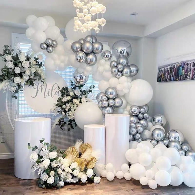 set bóng bay trắng,trang trí sự kiện,phụ kiện decor tiệc sinh nhật mừng khai trương, tiệc cưới, đầy đủ bơm,băng dính