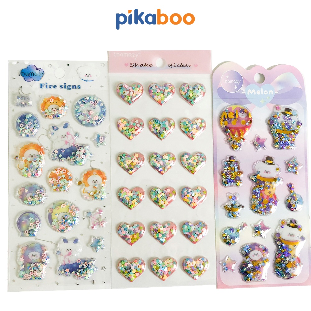 Sticker cho bé lắc kim tuyến lấp lánh siêu đẹp cao cấp Pikaboo miếng dán 3D xịn xò mẫu mã đa dạng chất liệu PVC an toàn