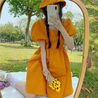 Váy mùa hè nữ dáng xòe xinh xắn, đầm nữ trơn tay ngắn dễ thương kèm mũ