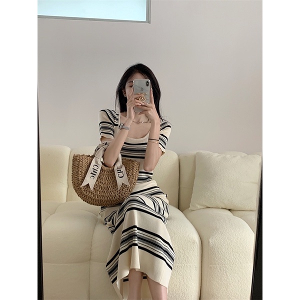 [ SẴN HÀNG] VÁY KẺ LEN CỘC TAY MONGTOGI DÁNG DÀI