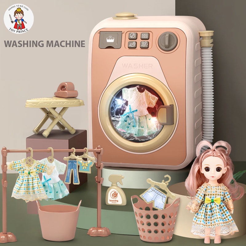ĐỒ CHƠI MÁY GIẶT MINI BÚP BÊ BABY CÓ NHẠC GIẶT XOAY KÈM VÁY QUẦN ÁO MÓC PHƠI ĐỒ DÀNH CHO BÉ