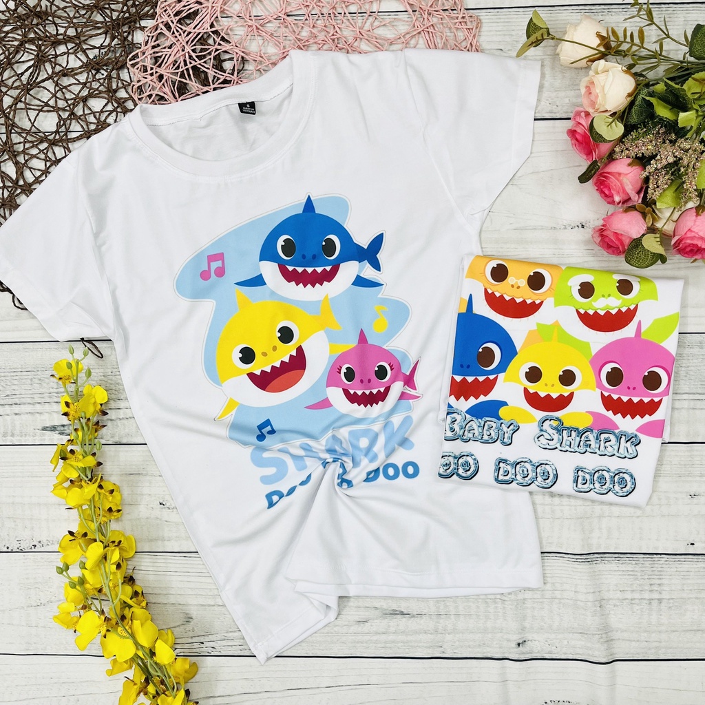 Áo thun trắng trẻ em Baby Shark đáng yêu, thun mềm mịn từ 10kg - 60kg