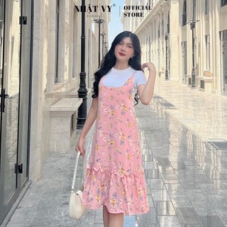 Đầm hoa 2 dây nhật vy chất mango không kèm áo đi chơi dáng suông phối đuôi cá màu xanh, hồng - d1830