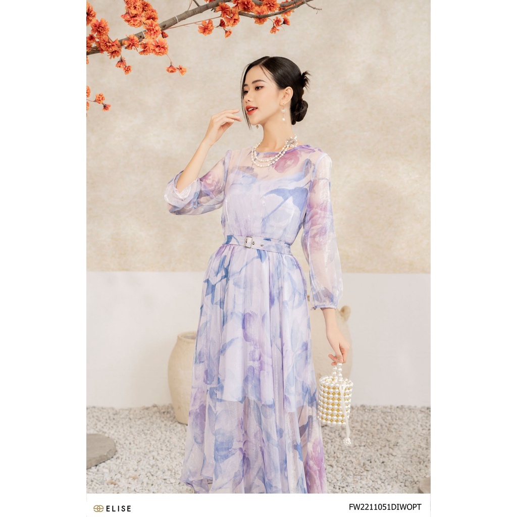 Đầm voan tím hoa đai eo thiết kế Elise FW2211051DIWOPT