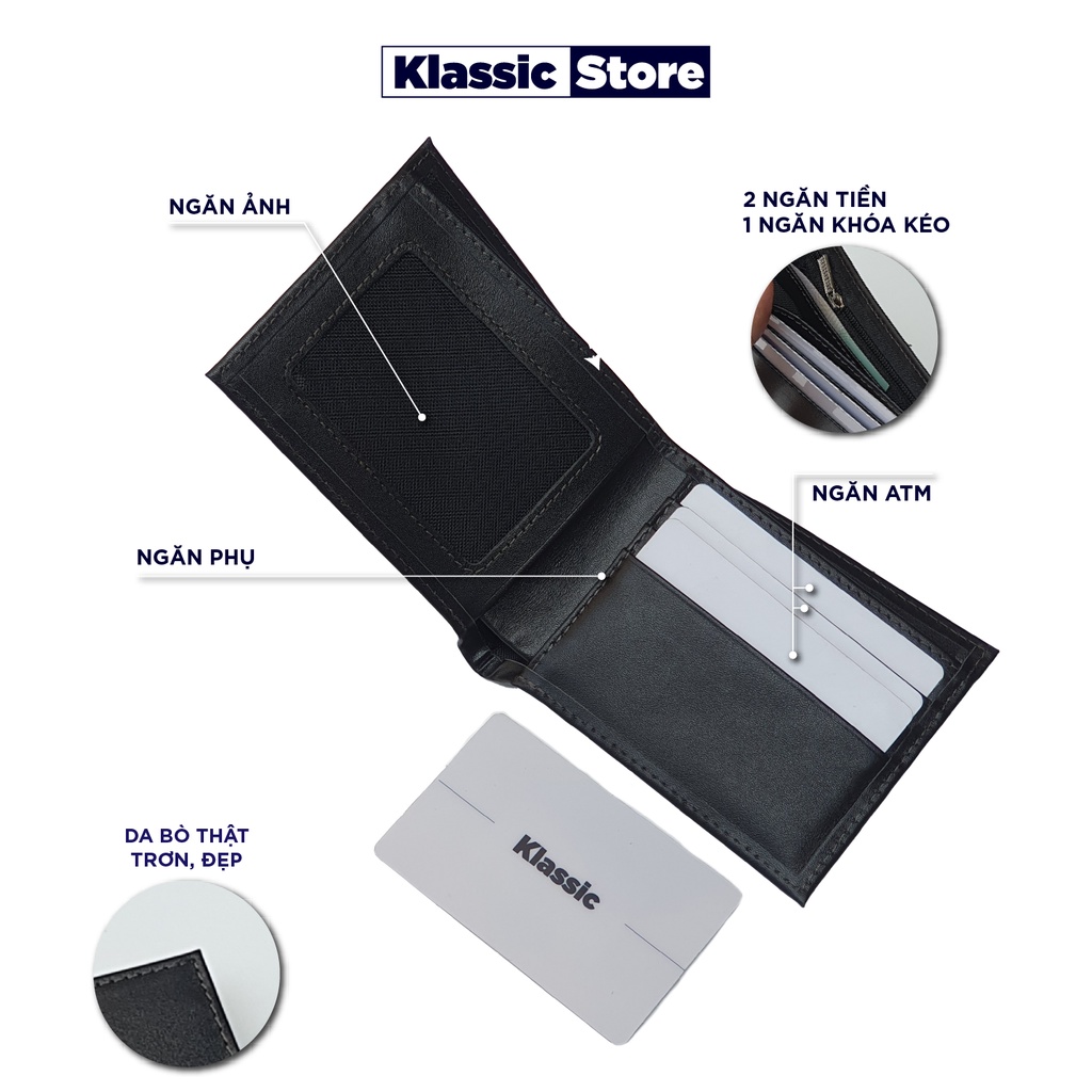 Ví Nam Da Bò Thật Nhỏ Gọn Dáng Ngang - Mini Classic - Có Khóa Kéo