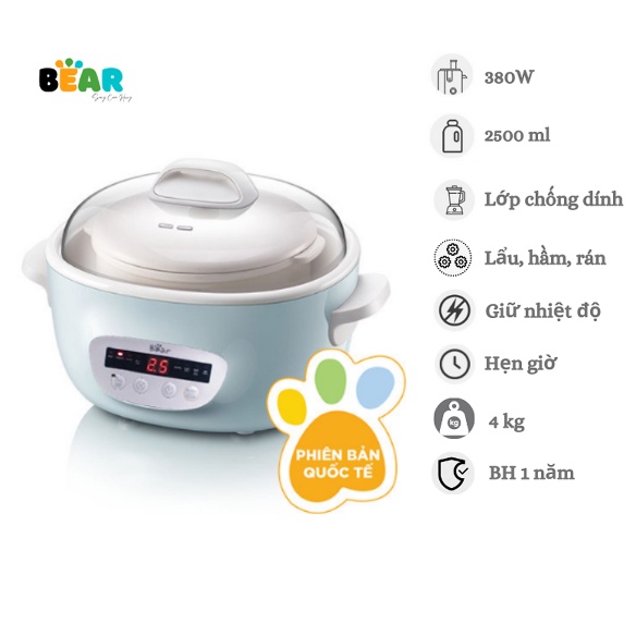 Nồi nấu chậm chưng yến hầm thịt đa năng kèm thố và xửng hấp 2.5L CHÍNH HÃNG BEAR C25E1