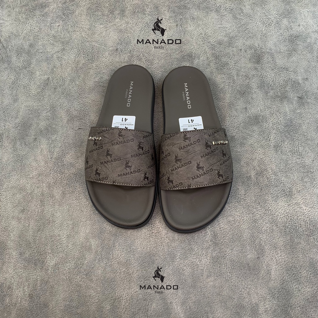 Dép da nam quai ngang cao cấp Manado Mã MND18 màu xám fullbox, quai da mềm mại, đế cao su thiết kế chắc chắn