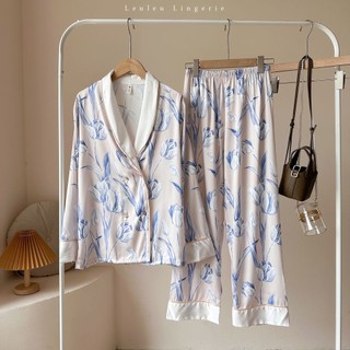 Pyjamas lụa cao cấp tay dài quần dài cổ chữ v sang chảnh leuleu.lingerie
