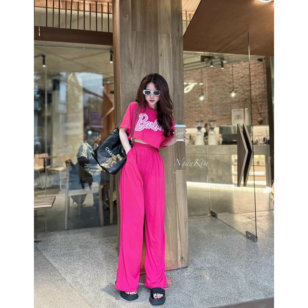 [4.4 Sales Freeship] Set bộ thun thể thao, set áo croptop tay ngắn in chữ babrie  mix quần dài ống suông rộng cá tính