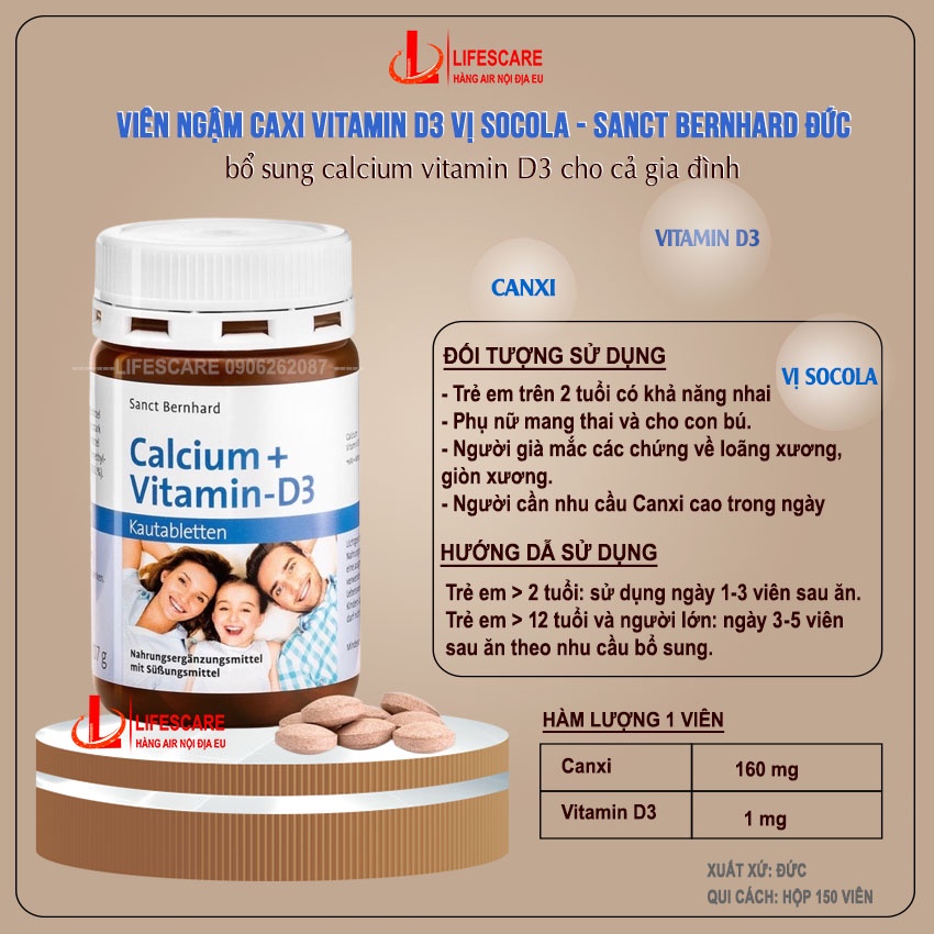 Viên ngậm canxi vitamin D3 Đức vị socola - Sanct Bernhard, bổ sung calcium vitamin D3 150 viên cho gia đình