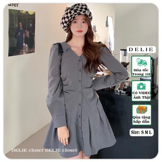 Váy sơ mi nhún eo DELIE đầm xòe cổ chữ V xếp ly chất cotton Hàn cao cấp, thiết kế nhún eo tôn dáng VK011