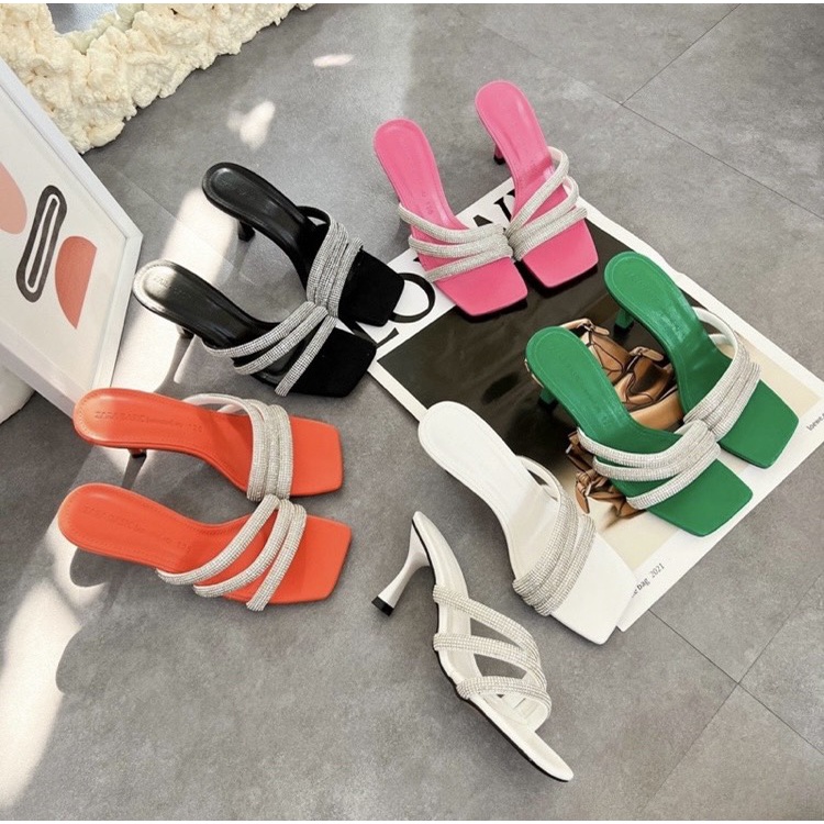 Guốc cao gót nữ bigsize dây xoàn đá bắt chéo sáng lấp lánh gót nhọn 5 phân G013