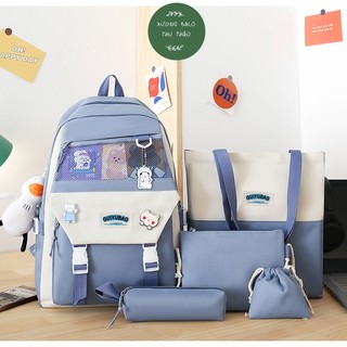 Combo balo 4 món đi học, balo thời trang - set balo thời trang nam nữ 2 khóa bấm