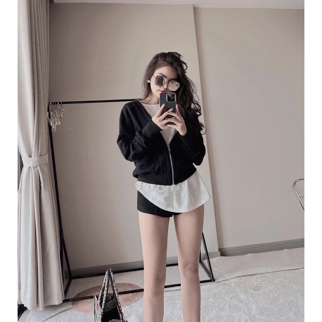 Set bộ 3 món áo khoác đen áo pull trắng quần short ngắn Freesize Hari_Fashion - SR195