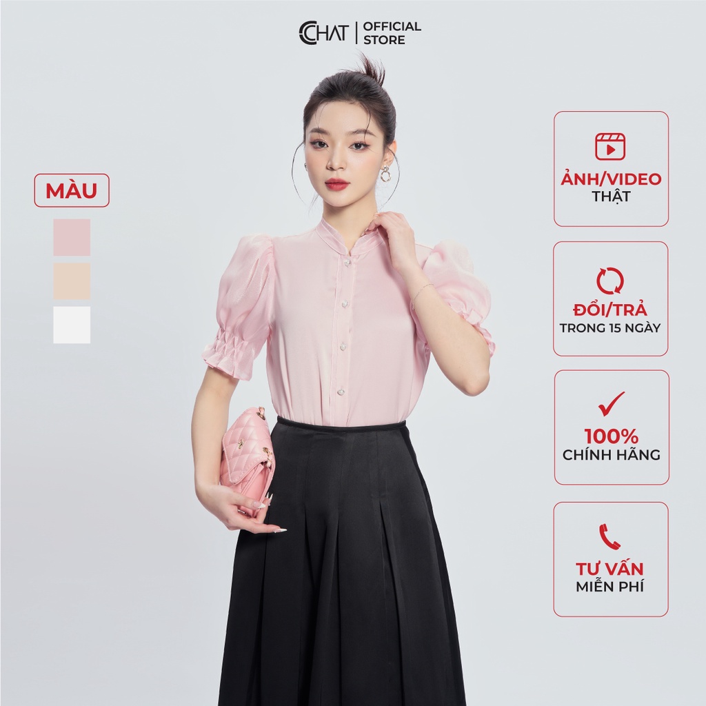 Áo Sơ Mi Nữ 𝐂𝐂𝐇𝐀𝐓 Phối Tơ Cuốn Bèo Kiểu Chất Lụa Cao Cấp 53FNL8002ST