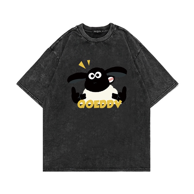 Áo thun unisex pofloret 100% cotton dáng rộng in họa tiết cừu cổ điển oversize