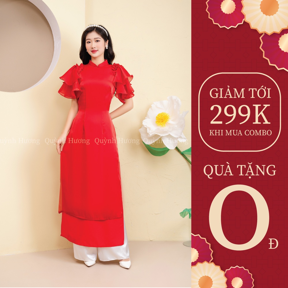 Áo dài cách tân mặc tết tay cánh tiên màu đỏ by Quỳnh Hương