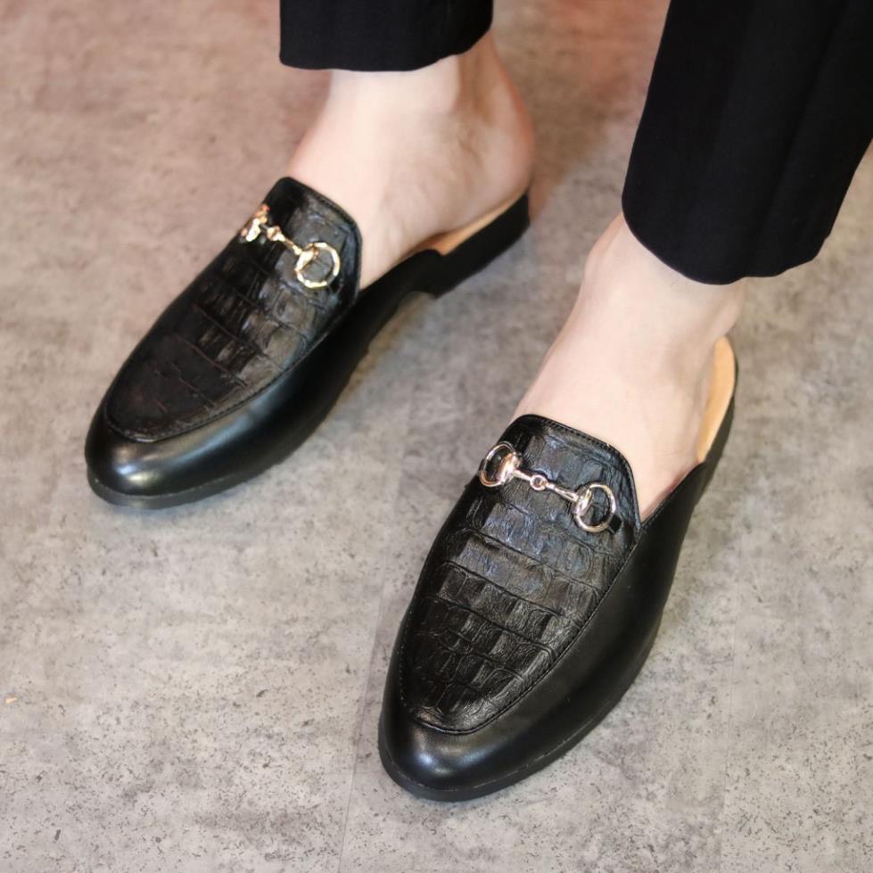 Sục nam vân cá sấu,Sục nam thời trang,Giầy sục hở gót da bò đế cao 3,5cm