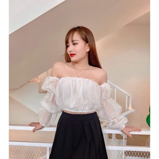Áo trễ vai croptop nữ tay rời chun tay co giãn 2 màu đen trắng, Áo trễ vai croptop tay bồng
