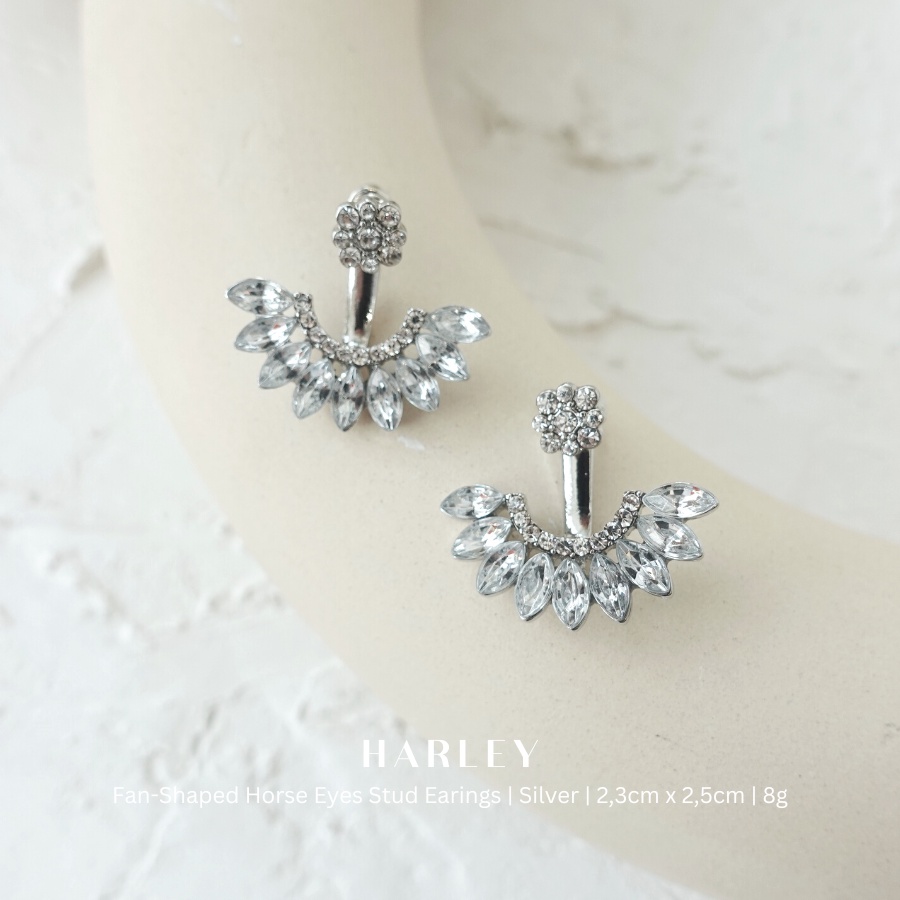 Bông tai đi tiệc ✨đính đá hình cánh quạt✨ màu bạc phong cách Hàn Quốc sang trọng thanh lịch, Harley Jewelry
