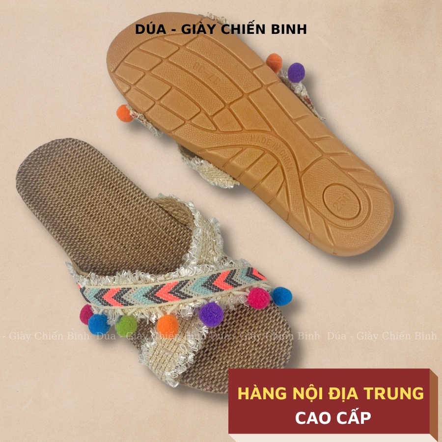 Dép Cói Quai Chéo Làm Thủ Công Dây Tuyết Tua Rua 7 màu Vintage, Dép Đi Biển, Dép Mang Trong Nhà, Dép Văn Phòng, COI124