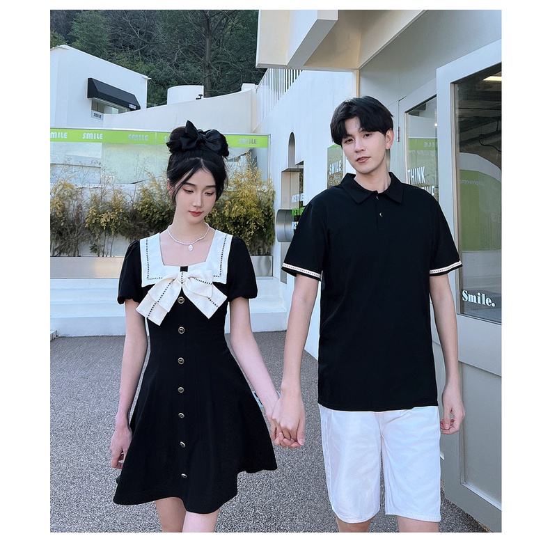 SET ĐỒ ĐÔI TÌNH NHÂN VÁY ĐẦM KIỂU NỮ VÀ ÁO THUN CỔ POLO NAM MÀU ĐEN