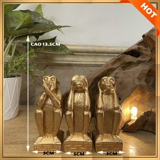 Bộ tượng đá trang trí tượng đá Bộ Ba Khỉ Tam Không Trang Trí Phong Thủy - Màu Nhũ Đồng - Cao 13.5cm