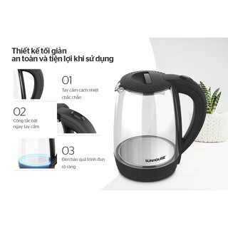 Ấm siêu tốc Sunhouse SHD1215B, Dung tích 1.8 lít, Công suất 1800W, Thân bình bằng thủy tinh trong suốt, Tự động ngắt