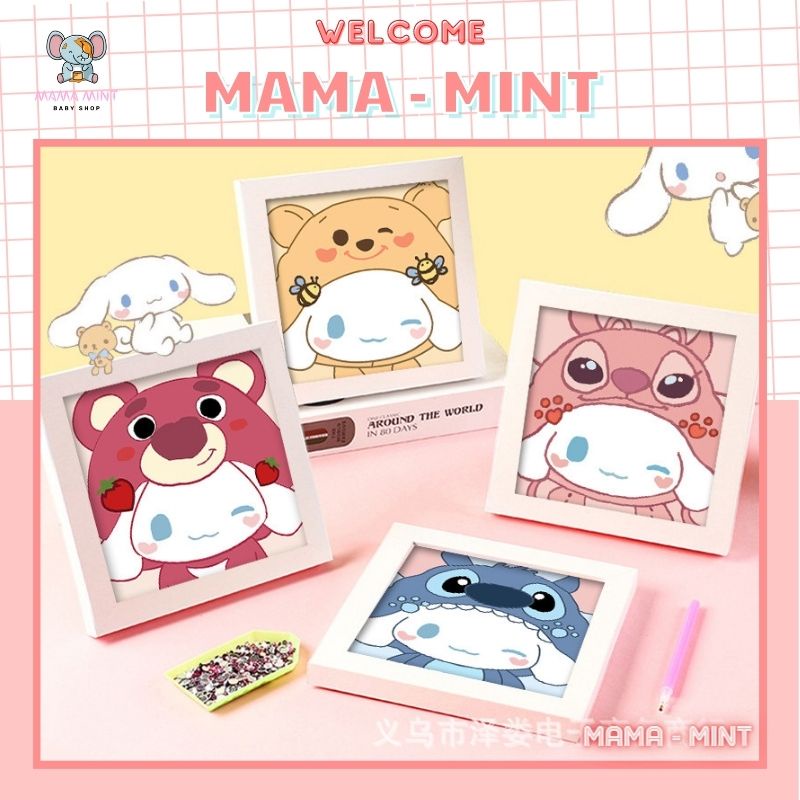 Tranh đính đá mini 5D DIY thỏ trắng đội nón cute, tranh đính đá cho bé tự làm có khung