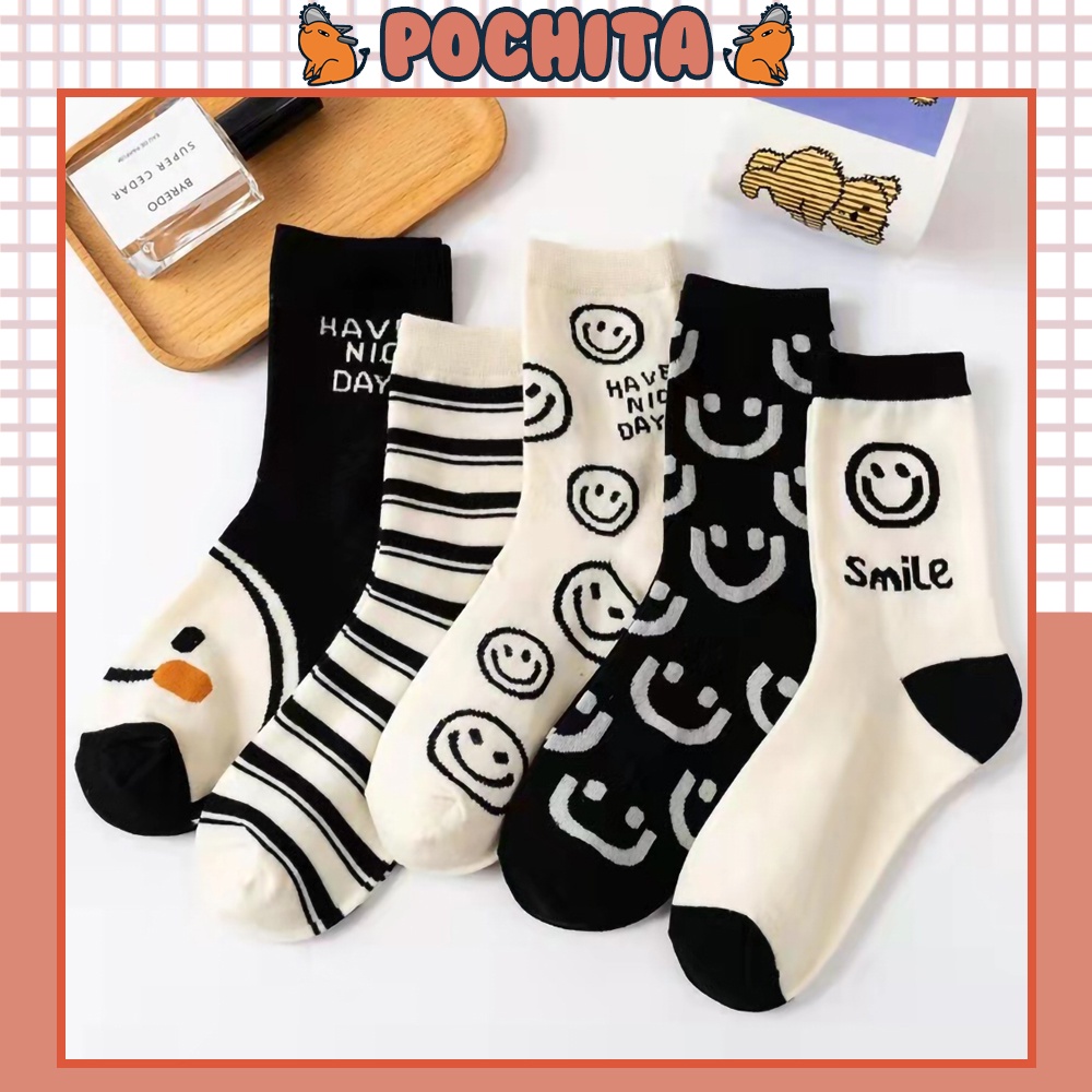 Tất Cổ Cao Họa Tiết Mặt Cười Dễ Thương Phong Cách Hàn Quốc, Vớ Nữ Cao Cổ Chất Liệu Cotton Co Giãn 4 Chiều Pochita Shop