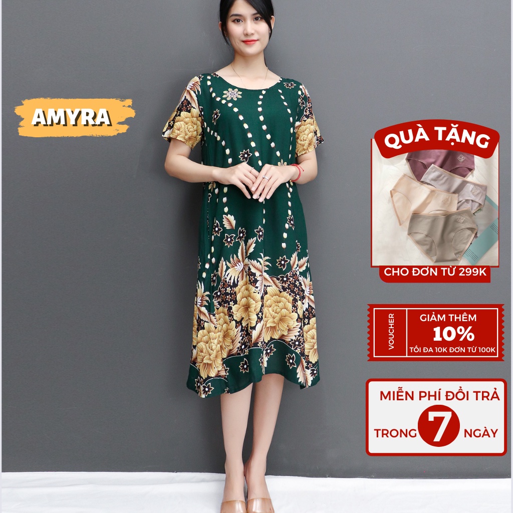 Đầm trung niên thiết kế dáng suông họa tiết hoa AMYRA - Váy mặc nhà chất vải lanh thái cao cấp BIGSIZE cho mẹ VA018