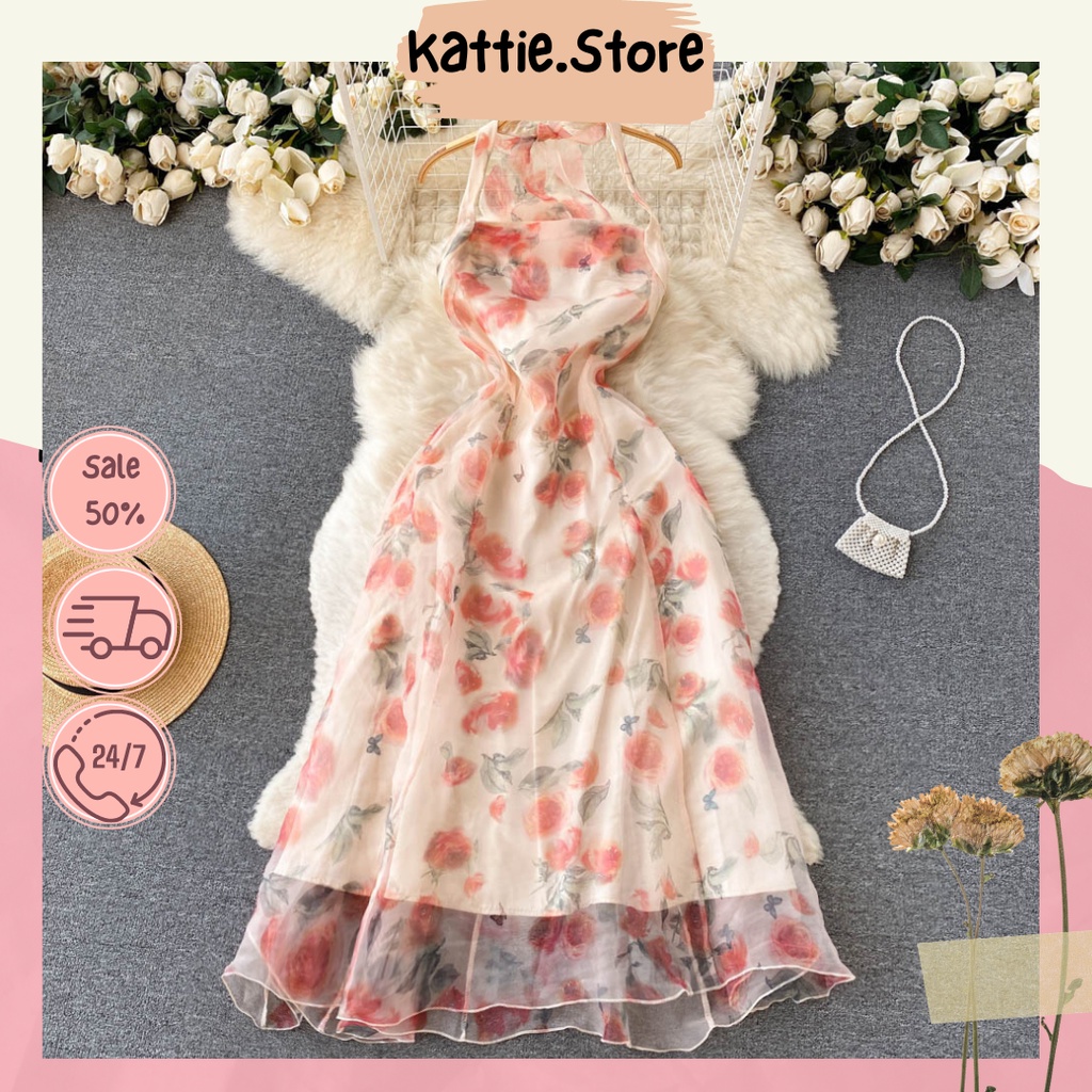 Đầm váy nữ maxi cổ yếm hoa hồng vải voan chuẩn loại 1 QCCC