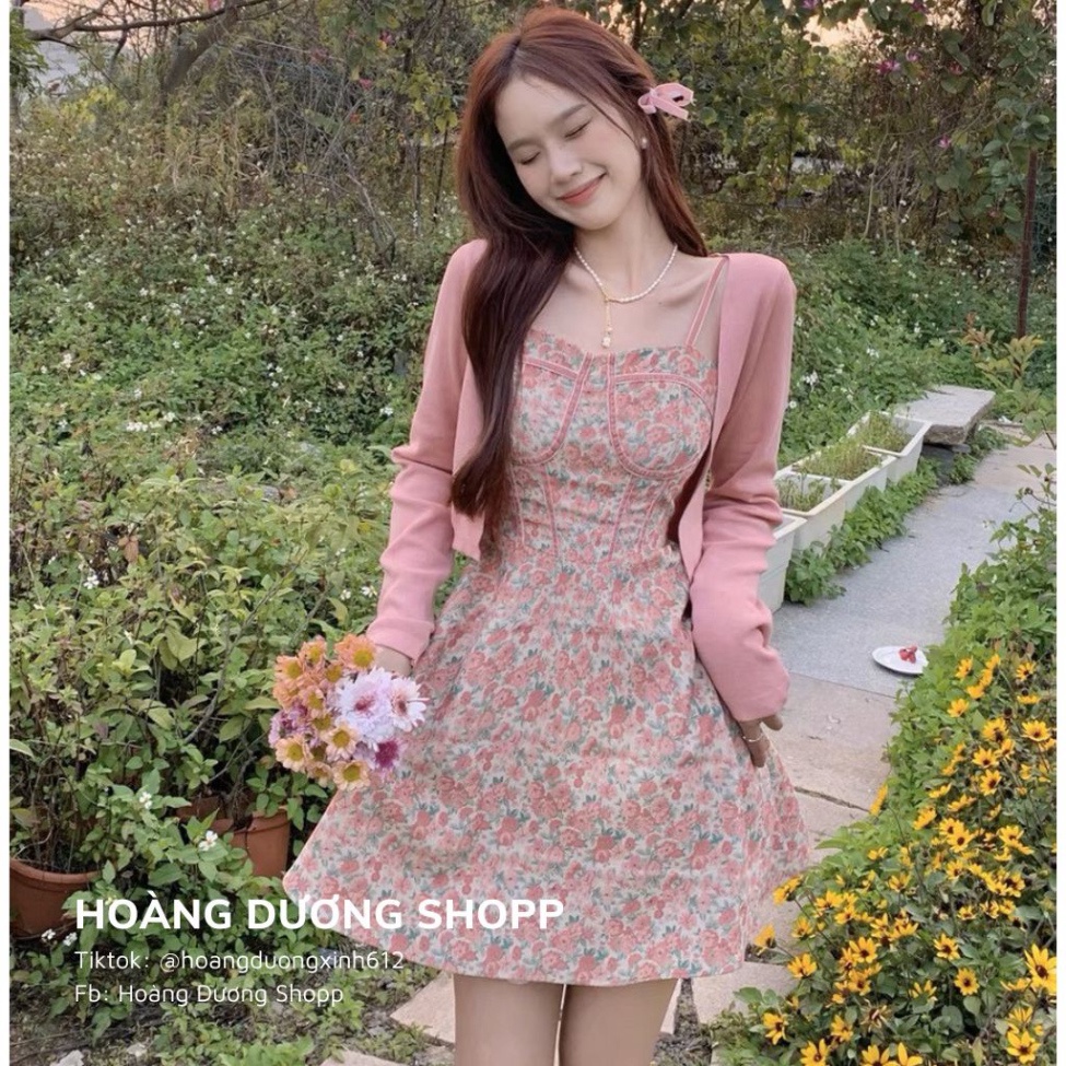 Đầm Váy 2 Dây Hoa Nhí Bo Eo Kèm áo khóa ngoài Cardigan Cùng Màu Đủ Size phù hợp Cho Nữ phong thái Hàn Quốc