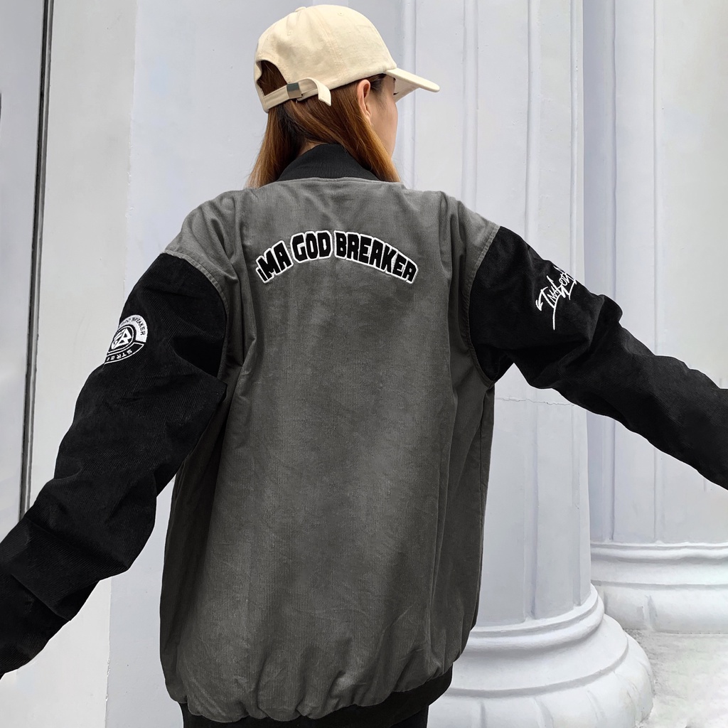 TẶNG BÌNH GIỮ NHIỆT - Áo Khoác Bomber Đen Xám Local Brand iMA God Breaker (iGB Black Grey Varsity Jacket)