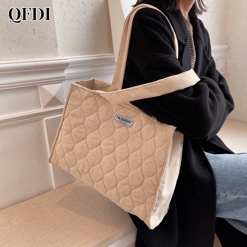 QFDI Túi Xách Nữ Vải Nhung Kẻ Sọc Hình Thoi Thời Trang Mới