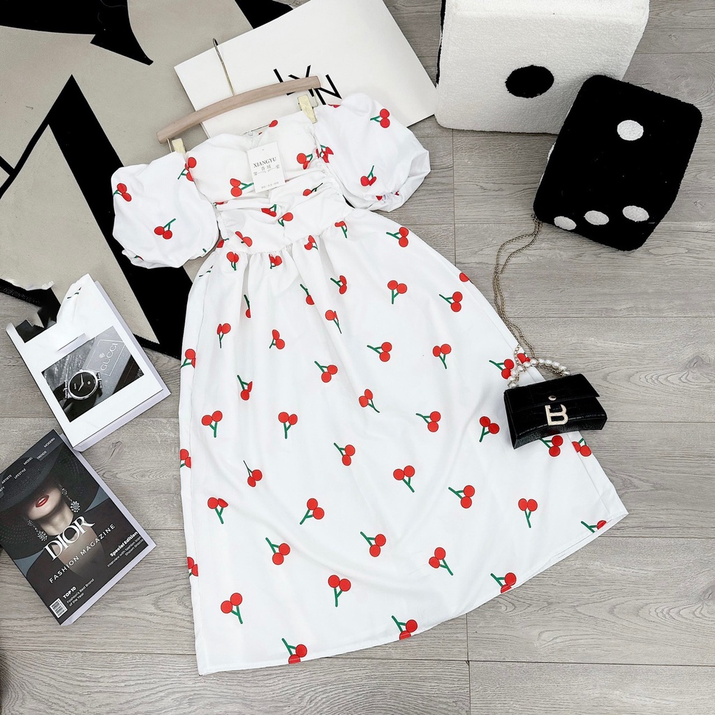 Đầm Maxi Hoa Nhí Trễ Vai Tay Phồng Có Mút, Váy Trễ Vai Hoa Nhí Dáng Dài