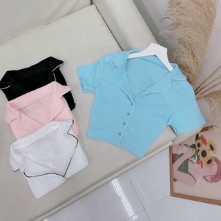 Áo Croptop Nút Viền Màu Cổ Bẻ
