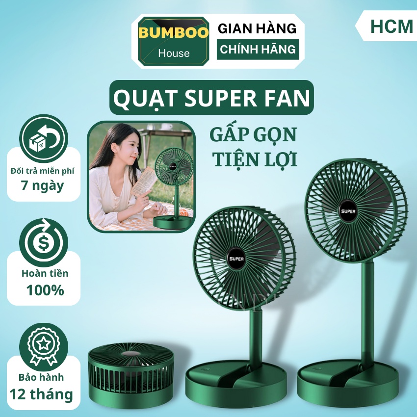 Quạt tích điện để bàn mini Super gấp gọn có thể kéo dài 3 tốc độ gió xoay 360 cổng sạc usb tiện dụng, bảo hành 12 tháng