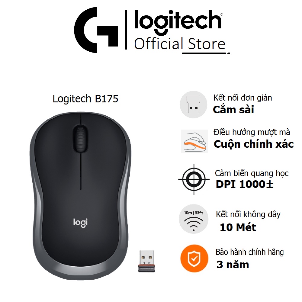 Chuột Logitech B175  - USB 2.4Ghz, pin 1 năm, nhỏ gọn, thuận cả 2 tay, phù hợp PC/Laptop - Bảo hành 3 năm