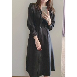 Đầm váy midi đen viền chỉ trắng tay dài