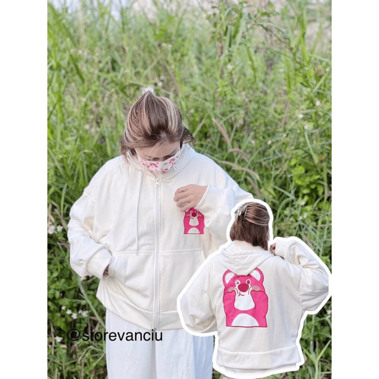 Áo Khoác Nỉ Nữ Dây Khóa Kéo In Gấu Hồng Nón 2 Lớp Tay Phồng Cá Tính NEW UNISEX