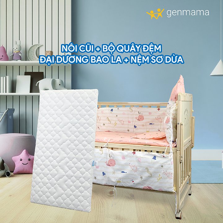 Combo Cũi Em Bé 2 Tầng Gỗ Thông Tặng Màn SIZE 105x60cm ,Giường Nôi Cũi Cho Bé Gồm Đệm Và Quây GENMAMA