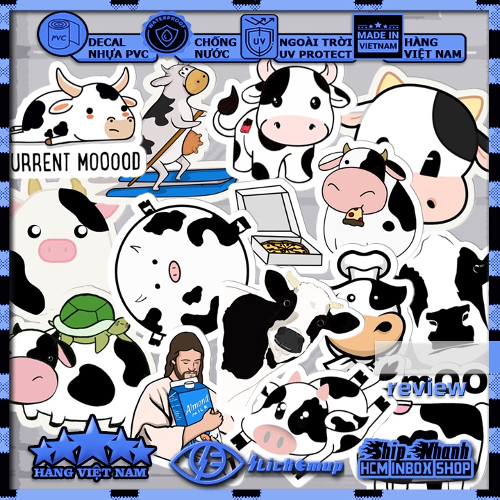 Sticker BÒ SỮA CUTE , hình dán bò sữa cute, chống nước, STICKER dán mũ bảo hiểm, dán laptop, dán vali, dán xe, D
