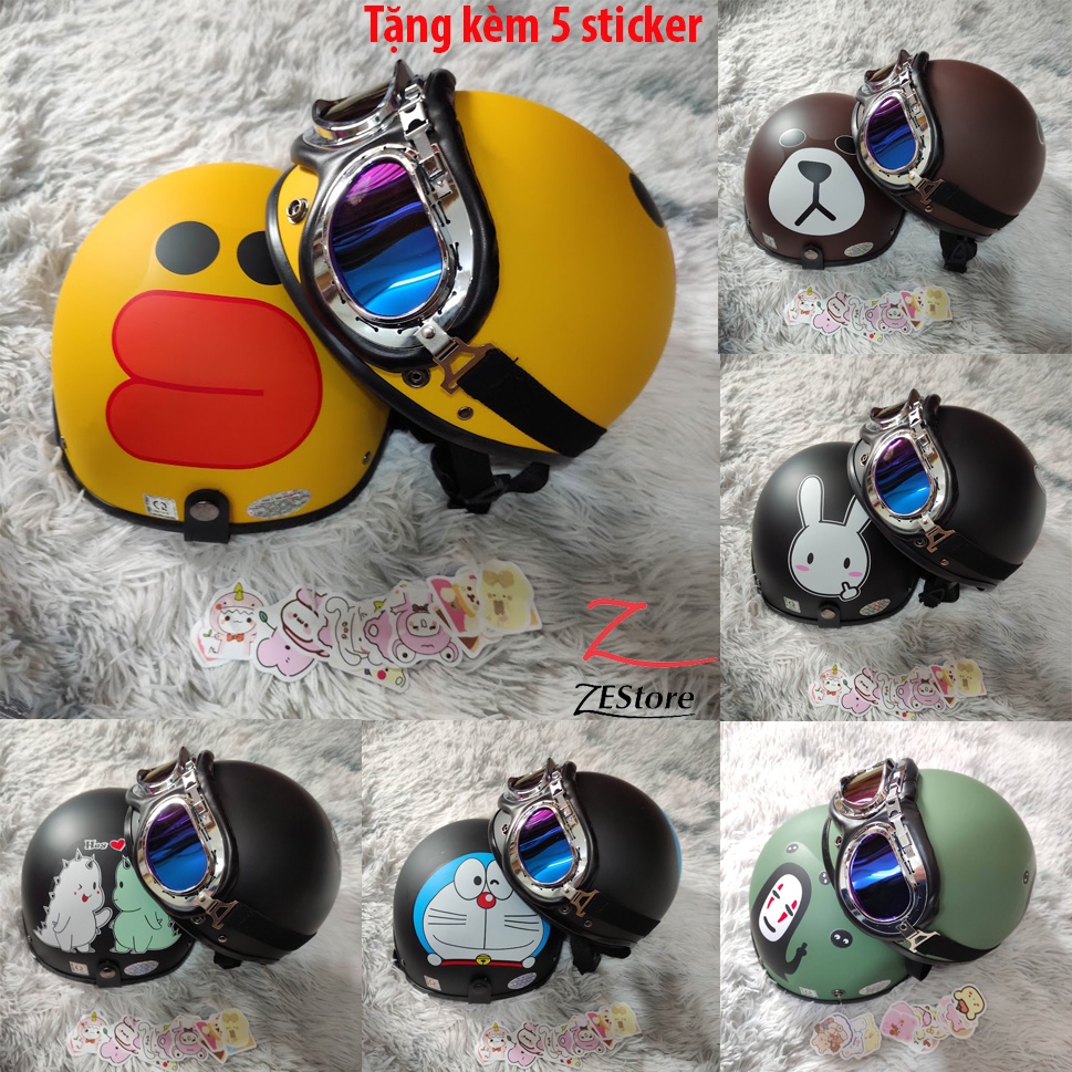 Mũ bảo hiểm xe máy phượt nửa đầu 1/2 kèm kính phi công tặng sticker
