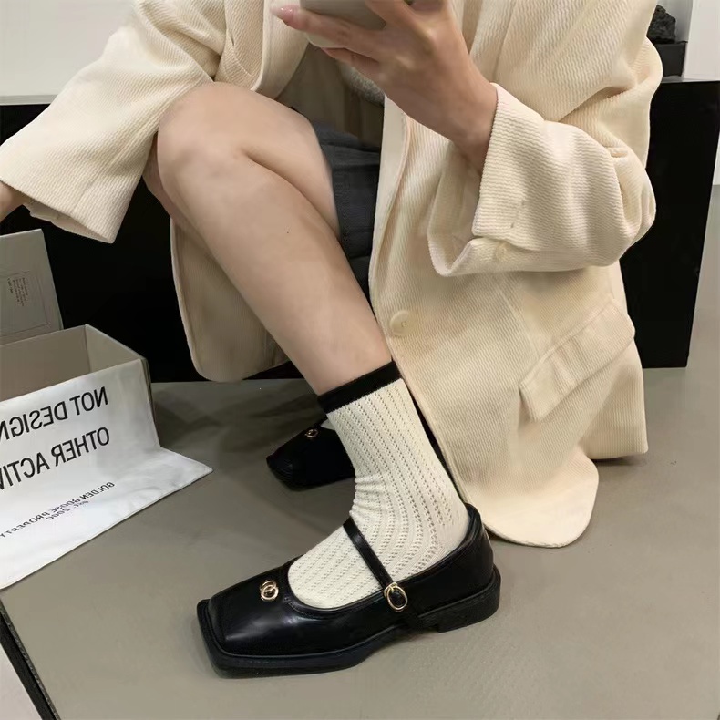 Giày Búp Bê Da Cao Cấp Mũi Vuông Miệng Nông Kiểu Retro Pháp Thời Trang 2023 Cho Nữ